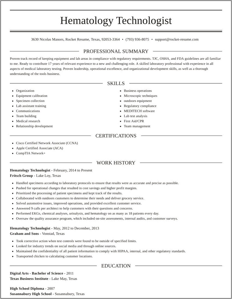 Sample Of Resume For Medical Laboratory Technologist