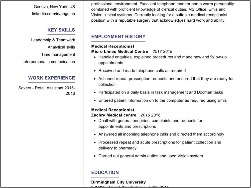 Sample Of Resume For Medical Receptionist