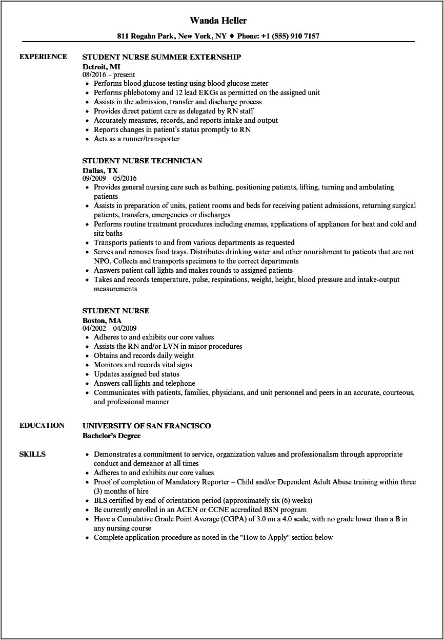Sample Of Resume For Nurses With Job Description