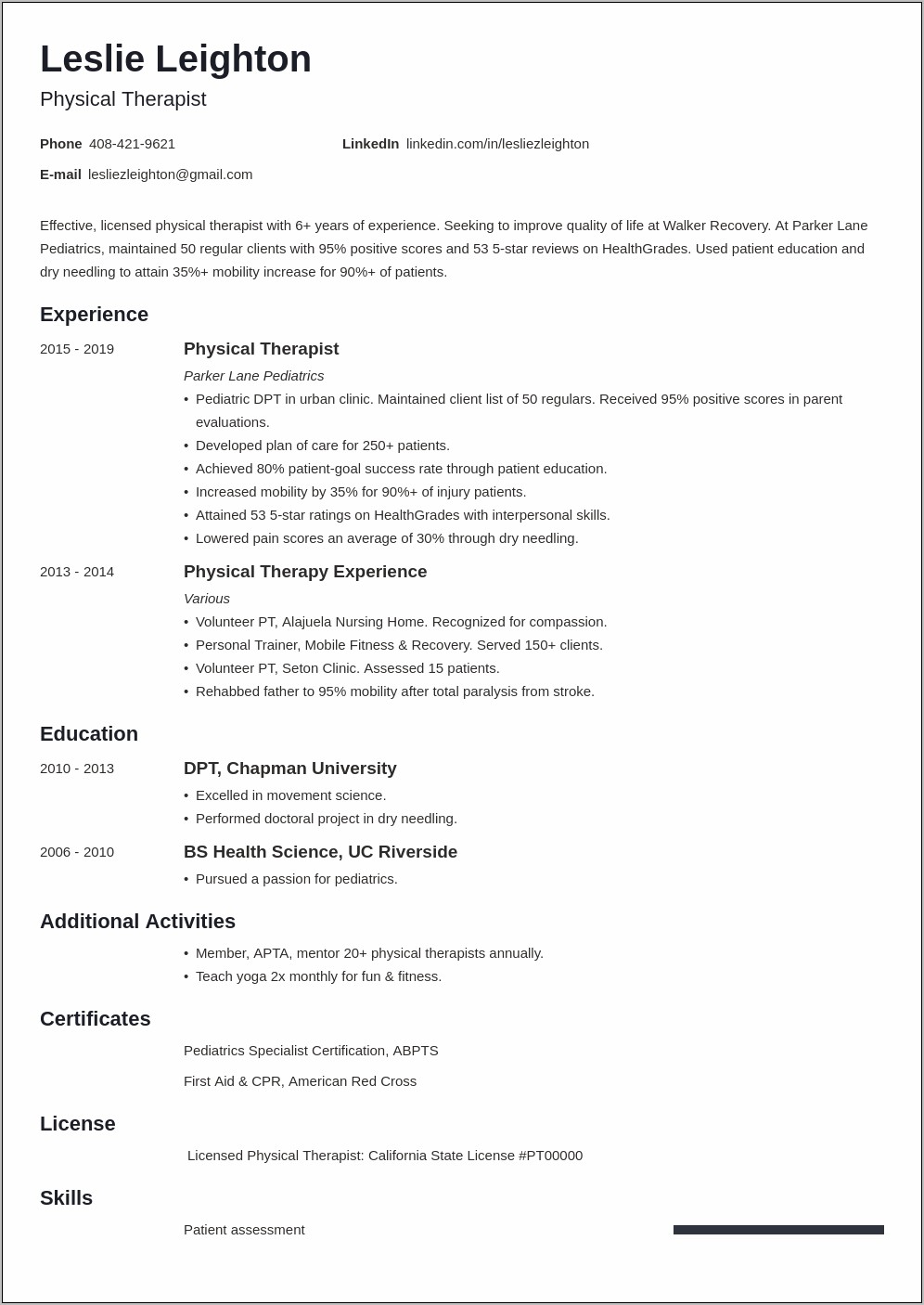 Sample Of Resume For Physical Therapy Assistant