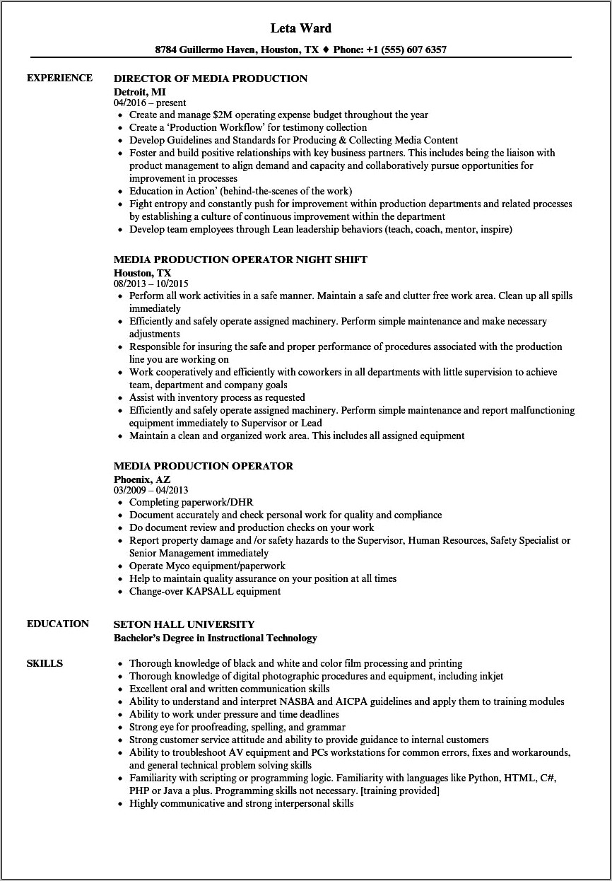 Sample Of Resume For Production Operator