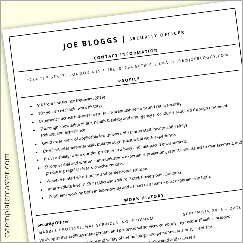 Sample Of Resume For Security Job In Aiustralia