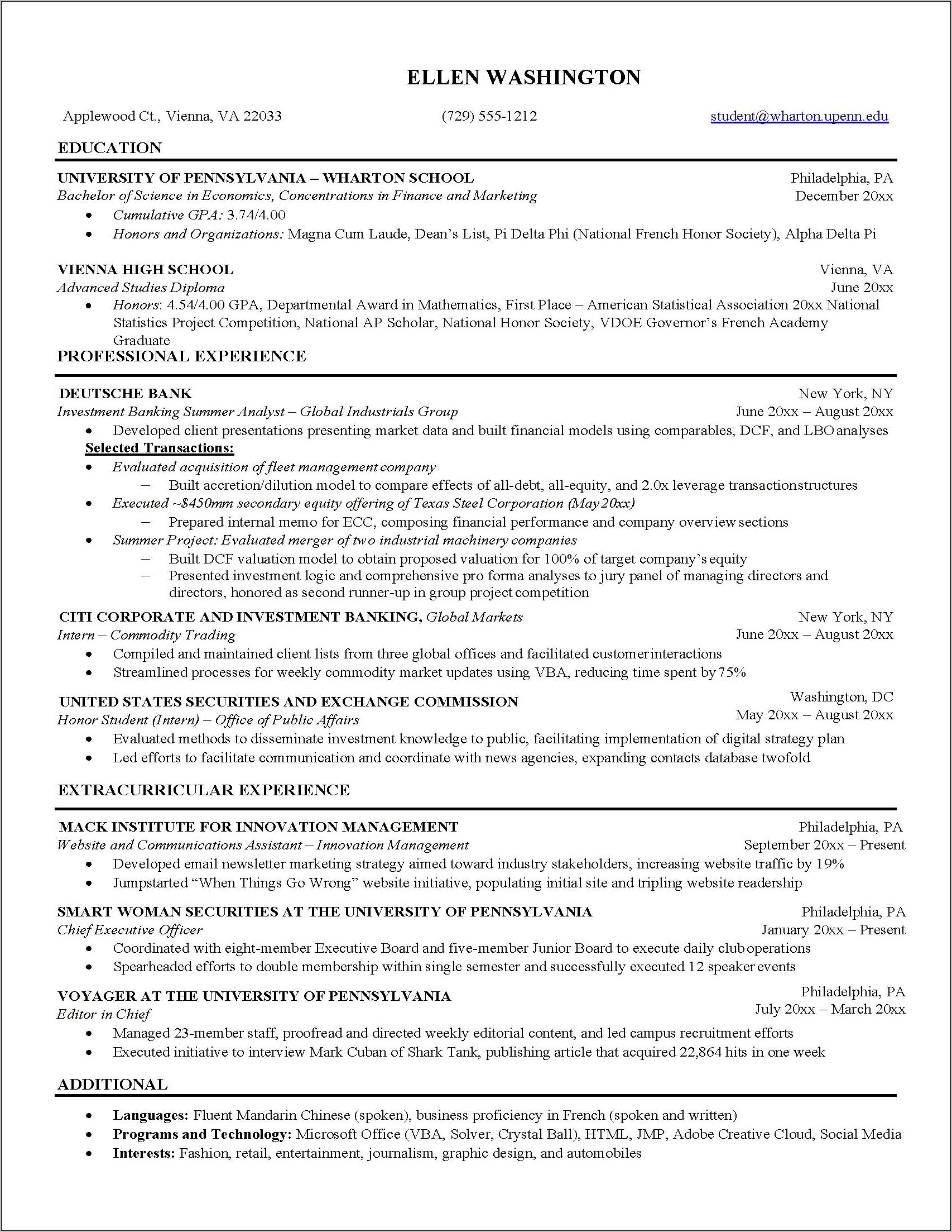 Sample Of Resume For Undergraduate Students