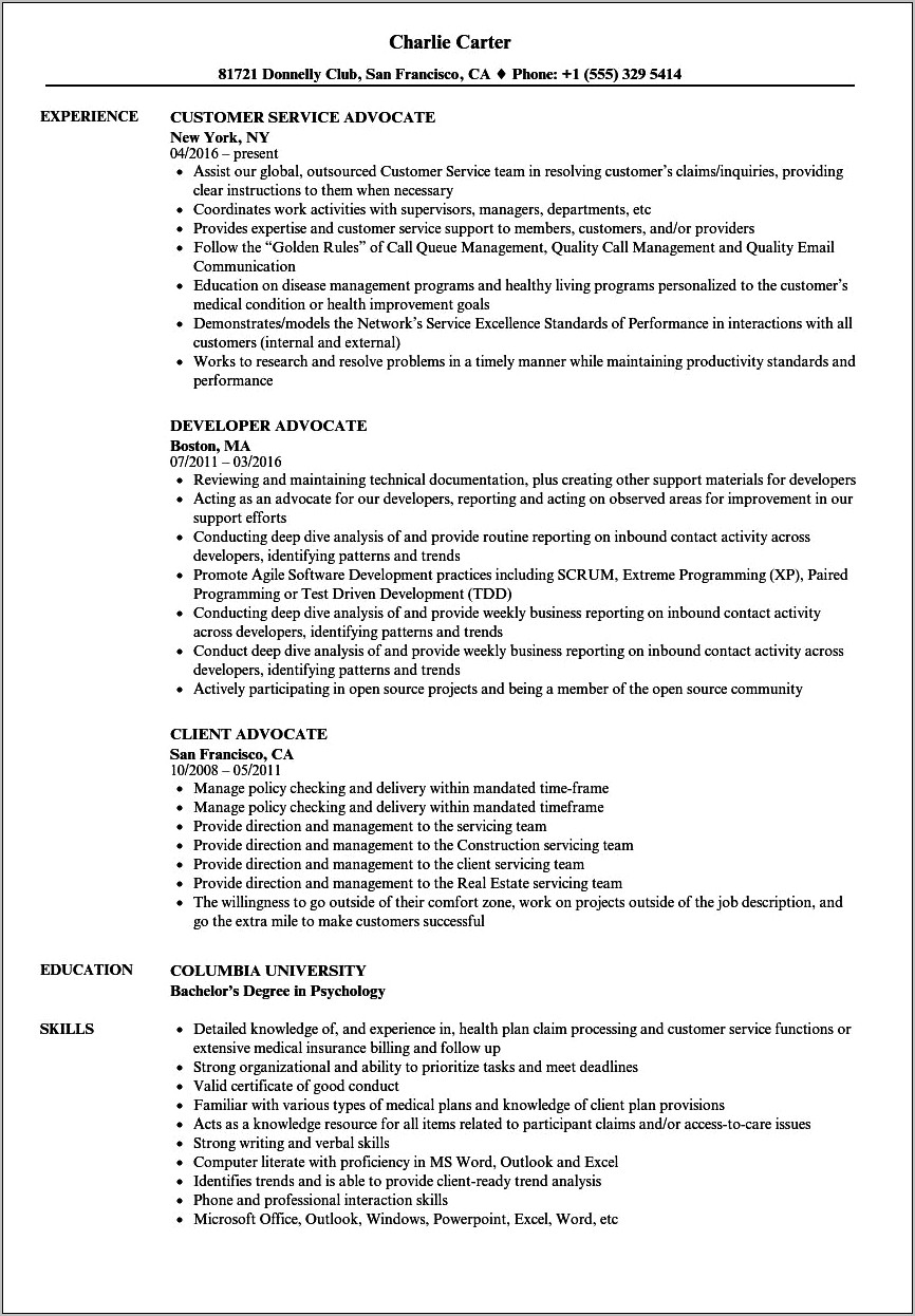 Sample Of Resume For Victim Advocacy