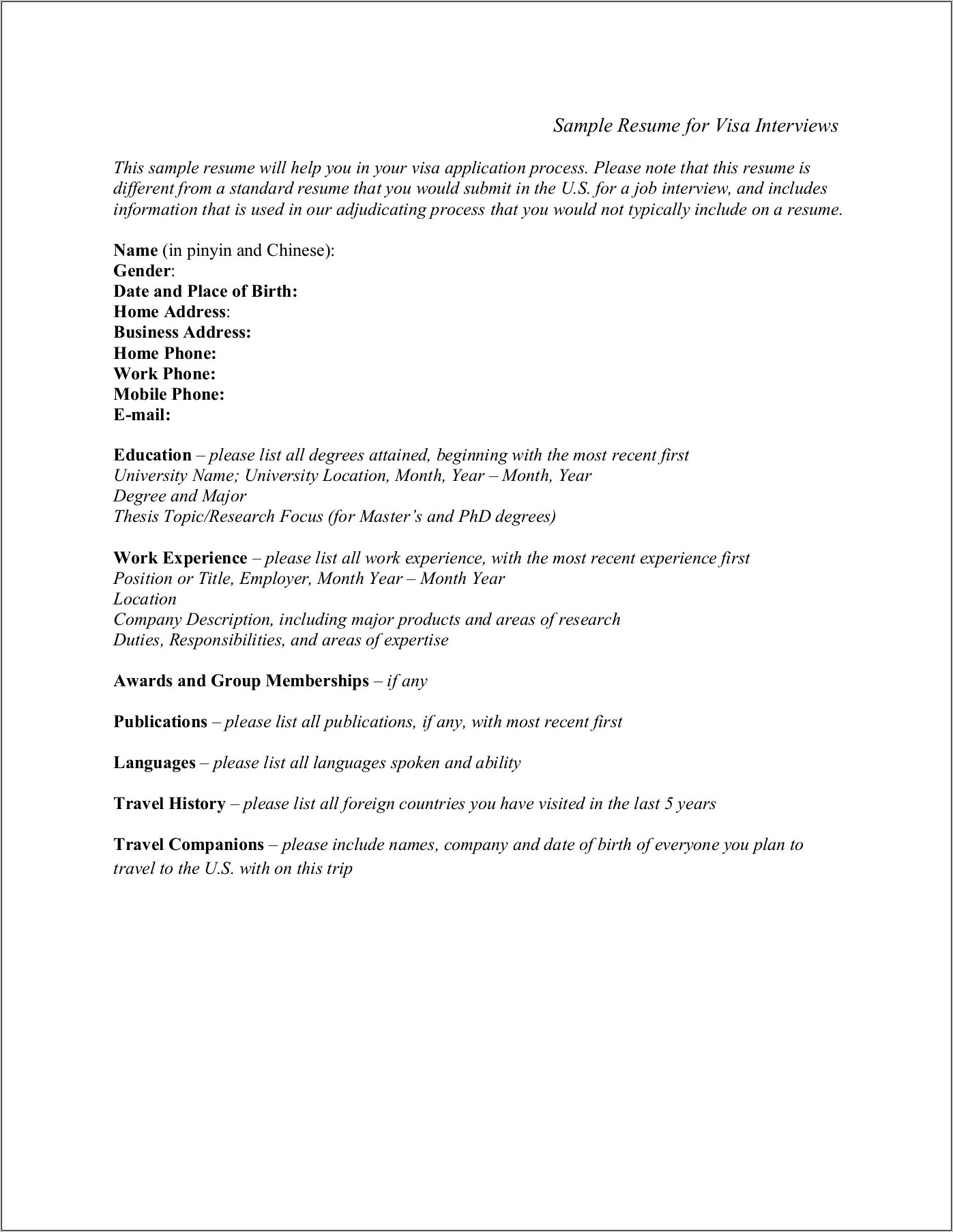 Sample Of Resume While Travelling For A Year