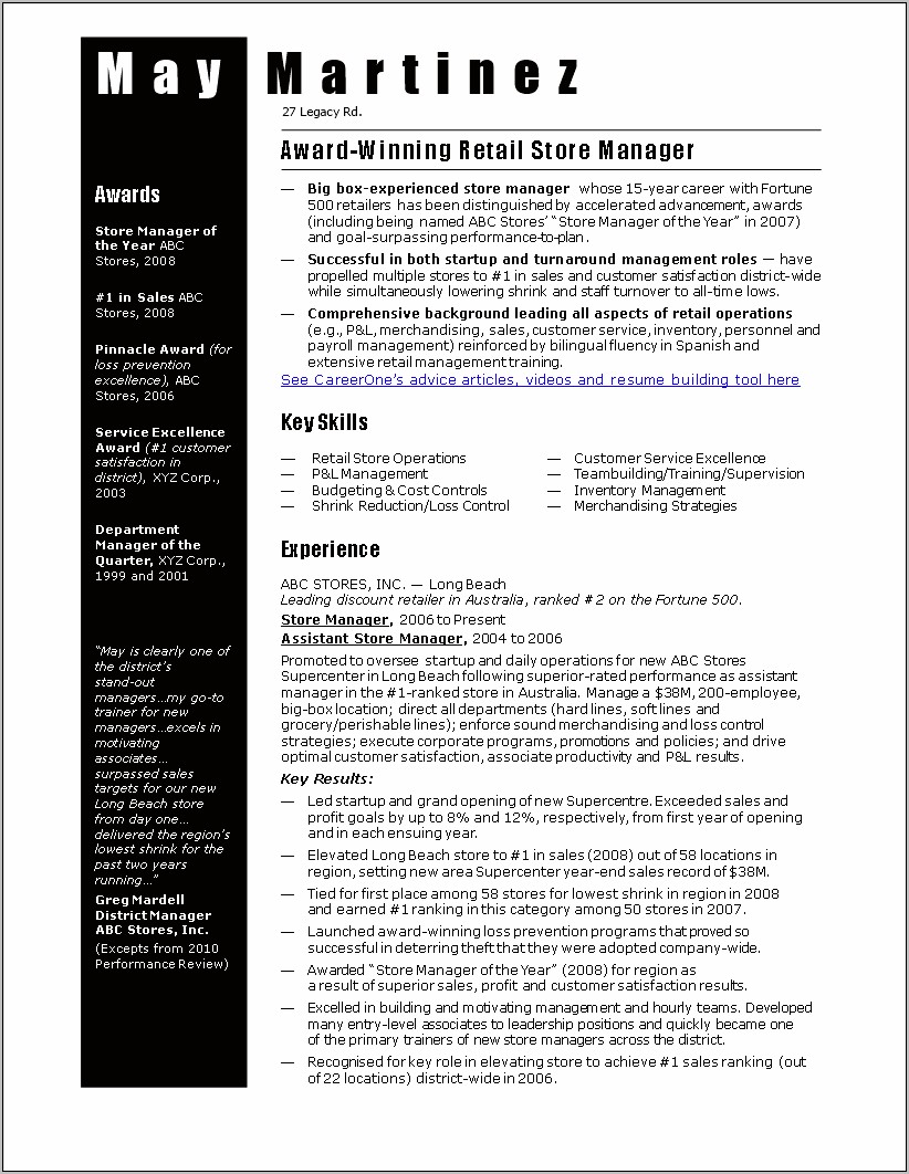 Sample Of Retail Sales Manager Resumes