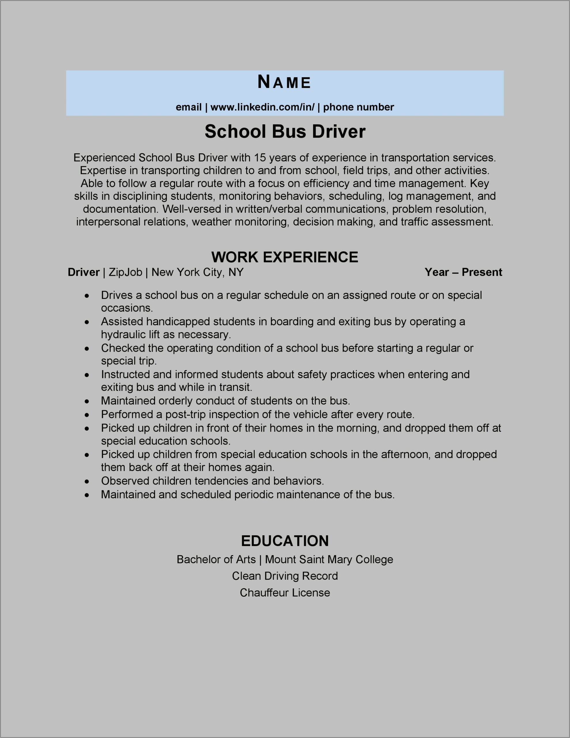Sample Of School Bus Driver Resume