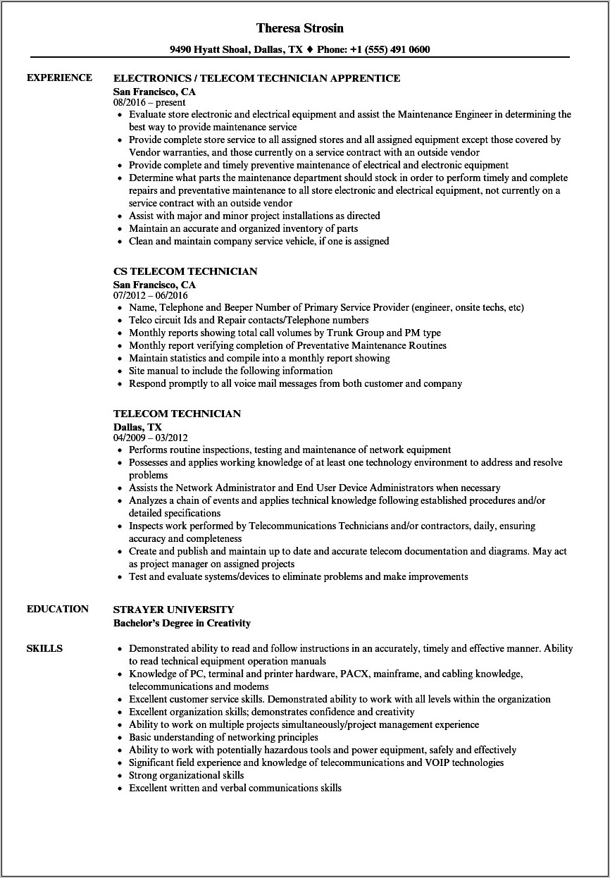 Sample Of Service Technician In Telecommunication Resume