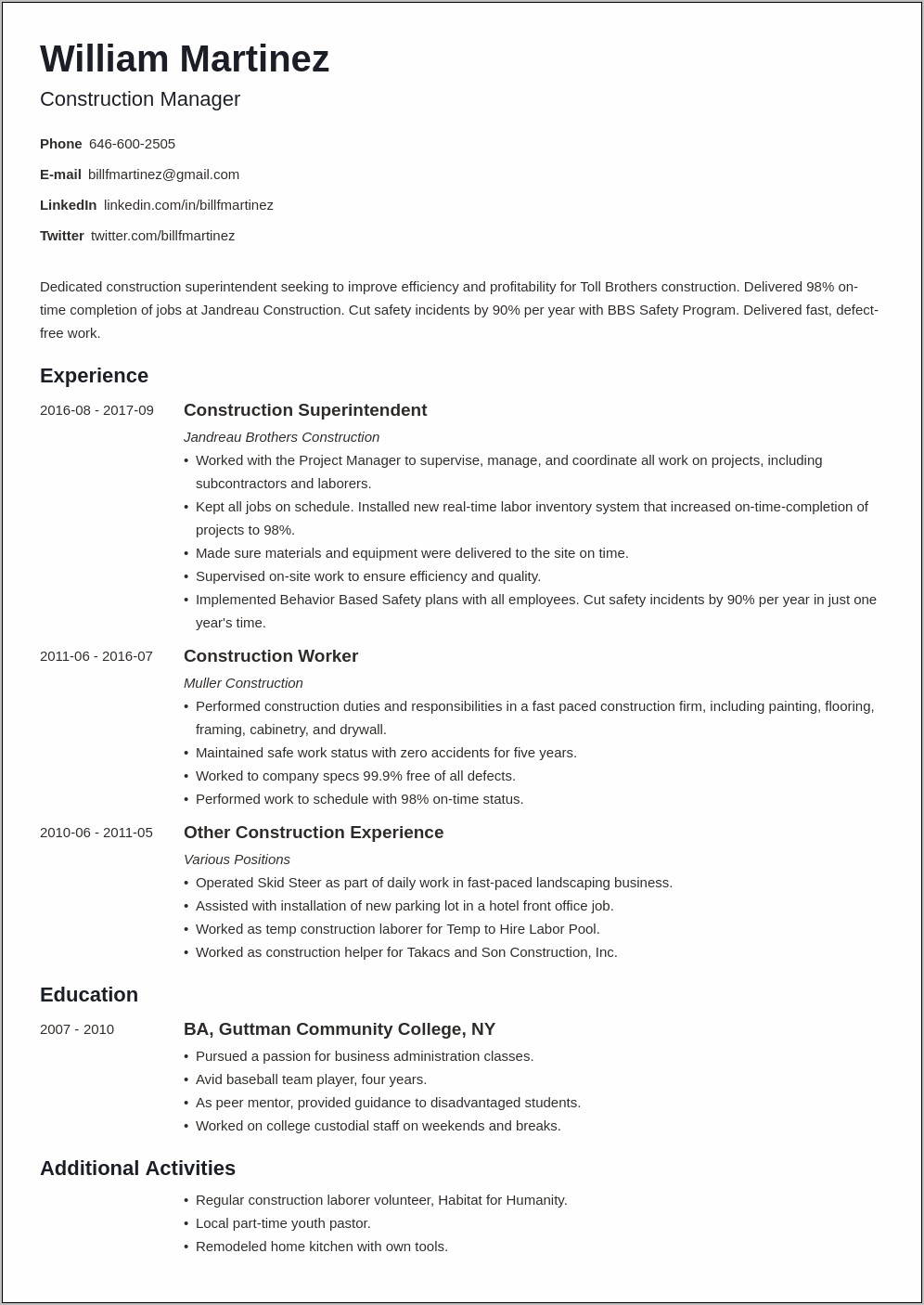 Sample Of Summary For Resume About Construction