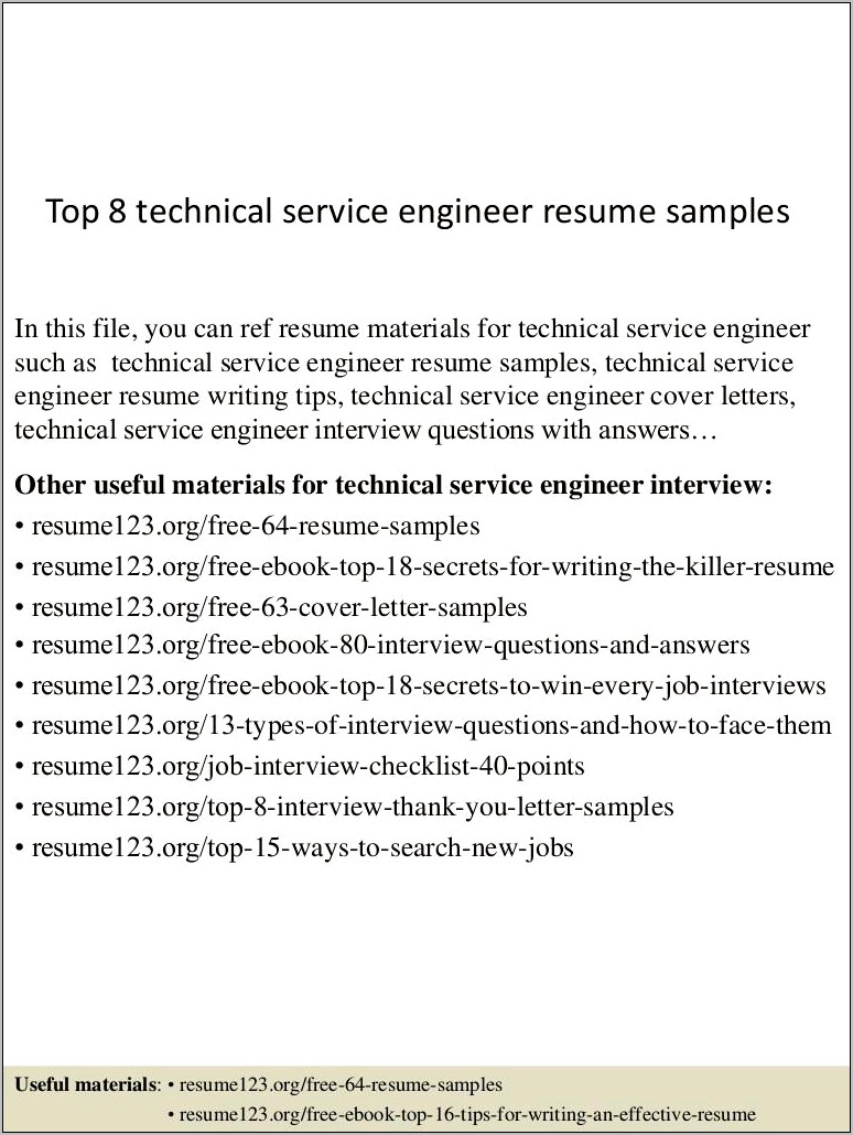 Sample Of Technical Service Engineer Resume