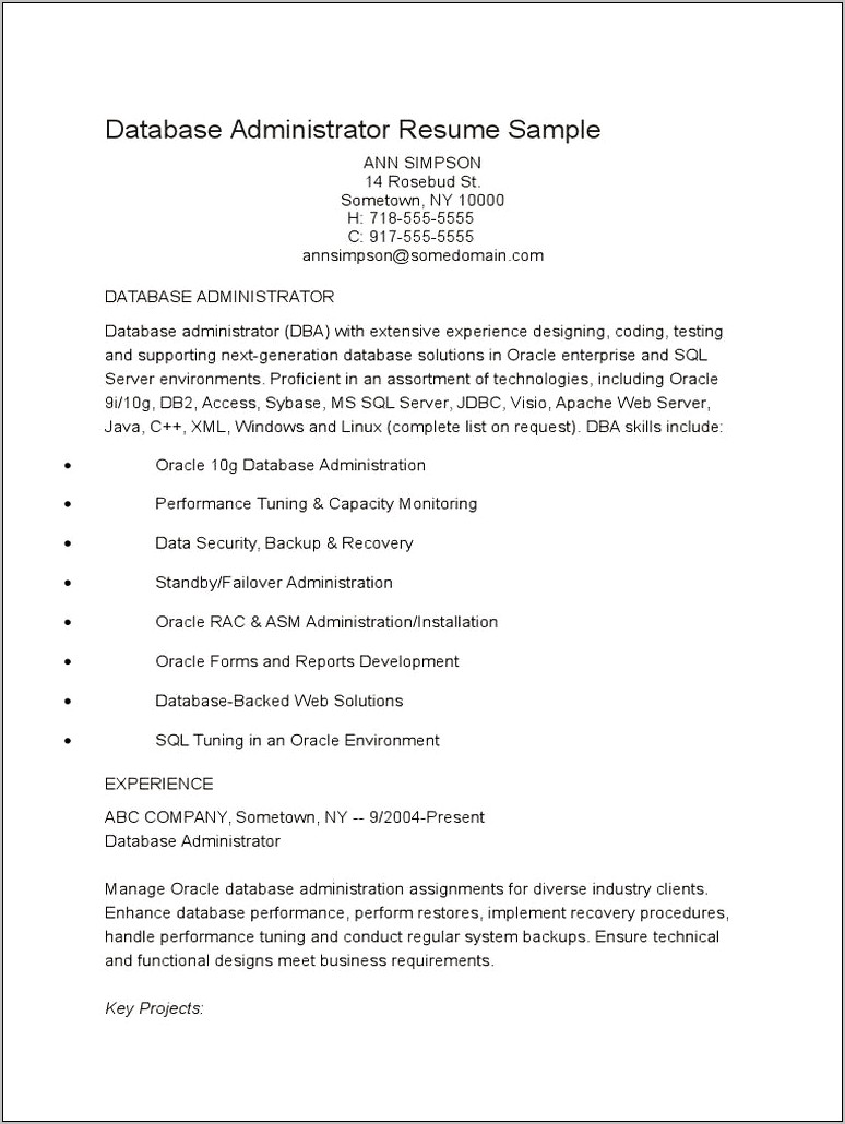 Sample Oracle Dba Resume For Freashers