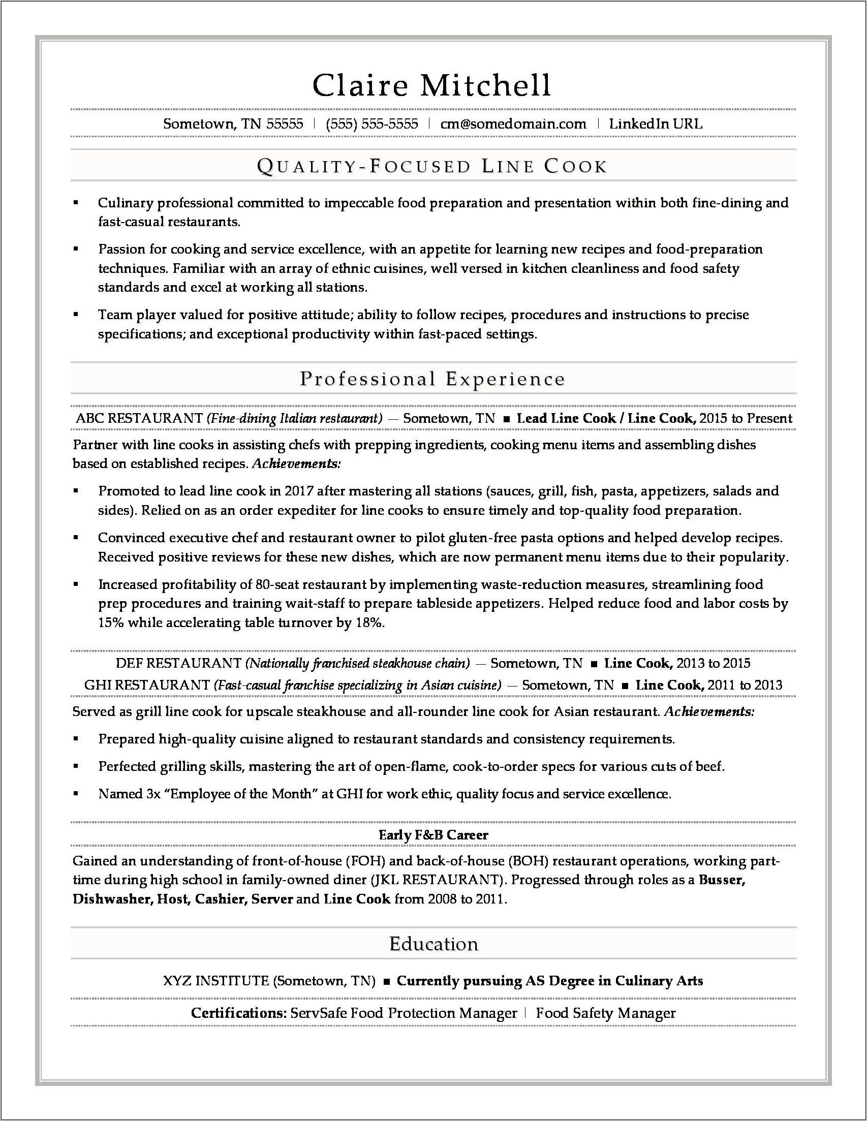Sample Personal Summary For Chef Resume