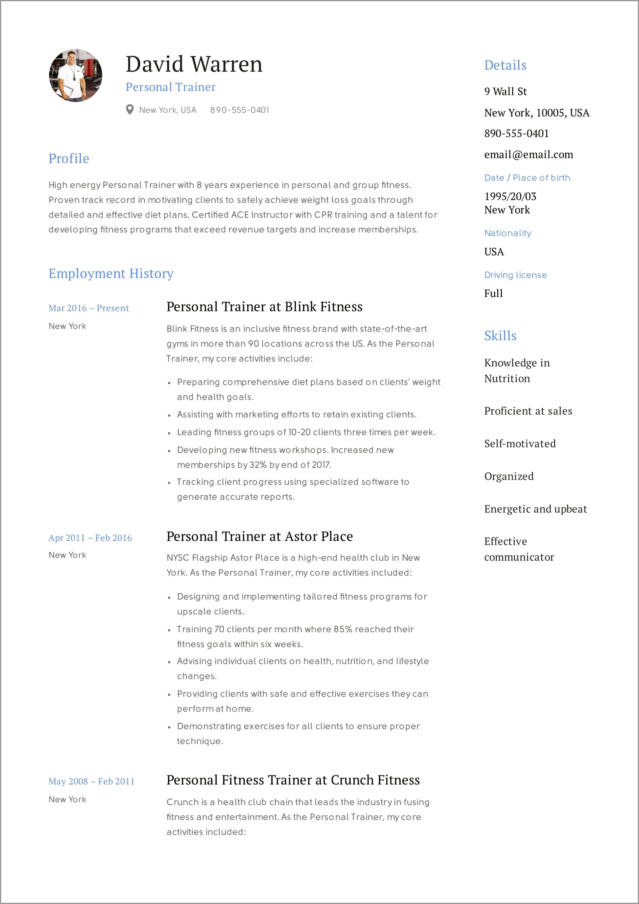 Sample Personal Trainer Resume With No Experience