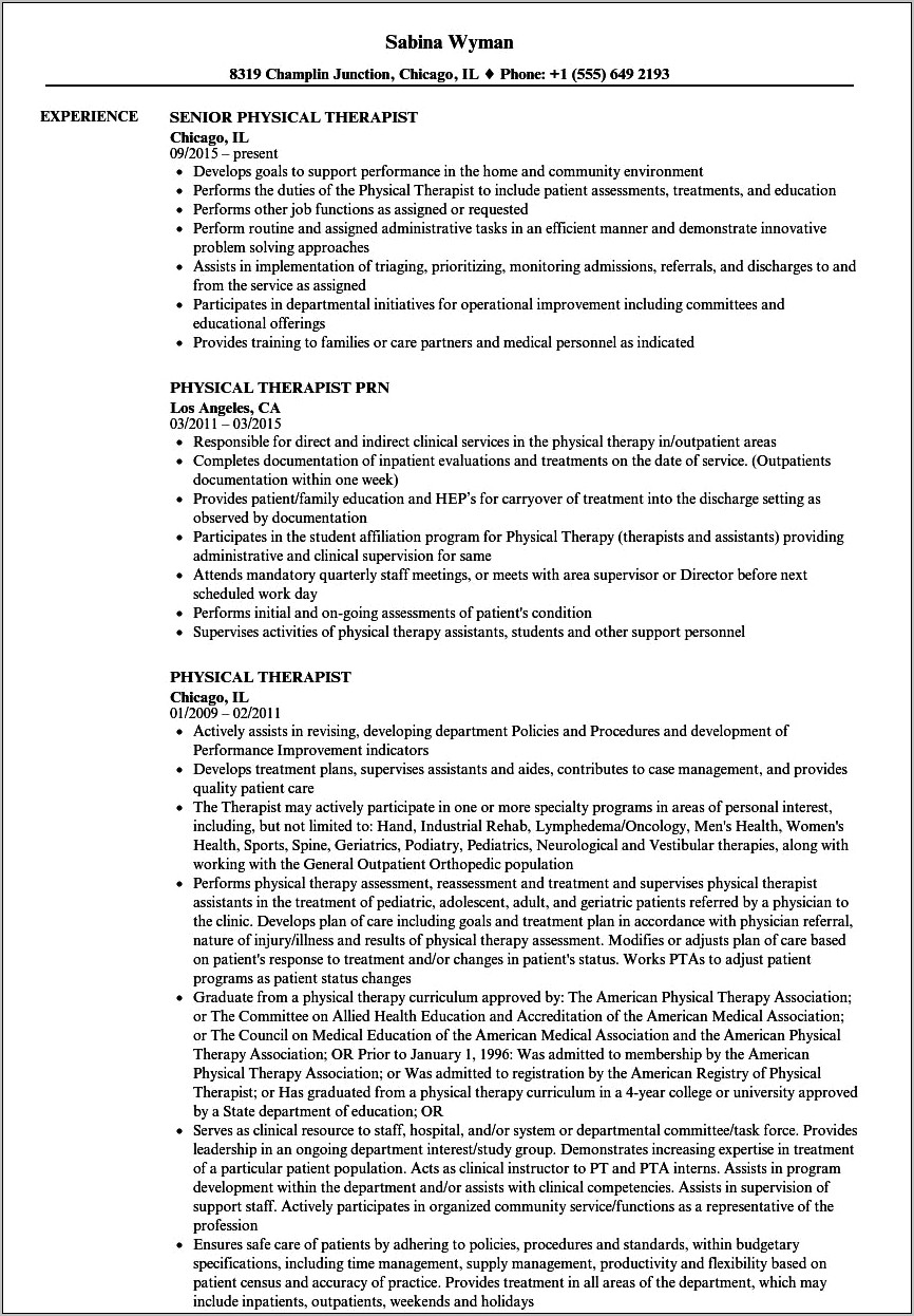Sample Physical Therapist Home Health Resume