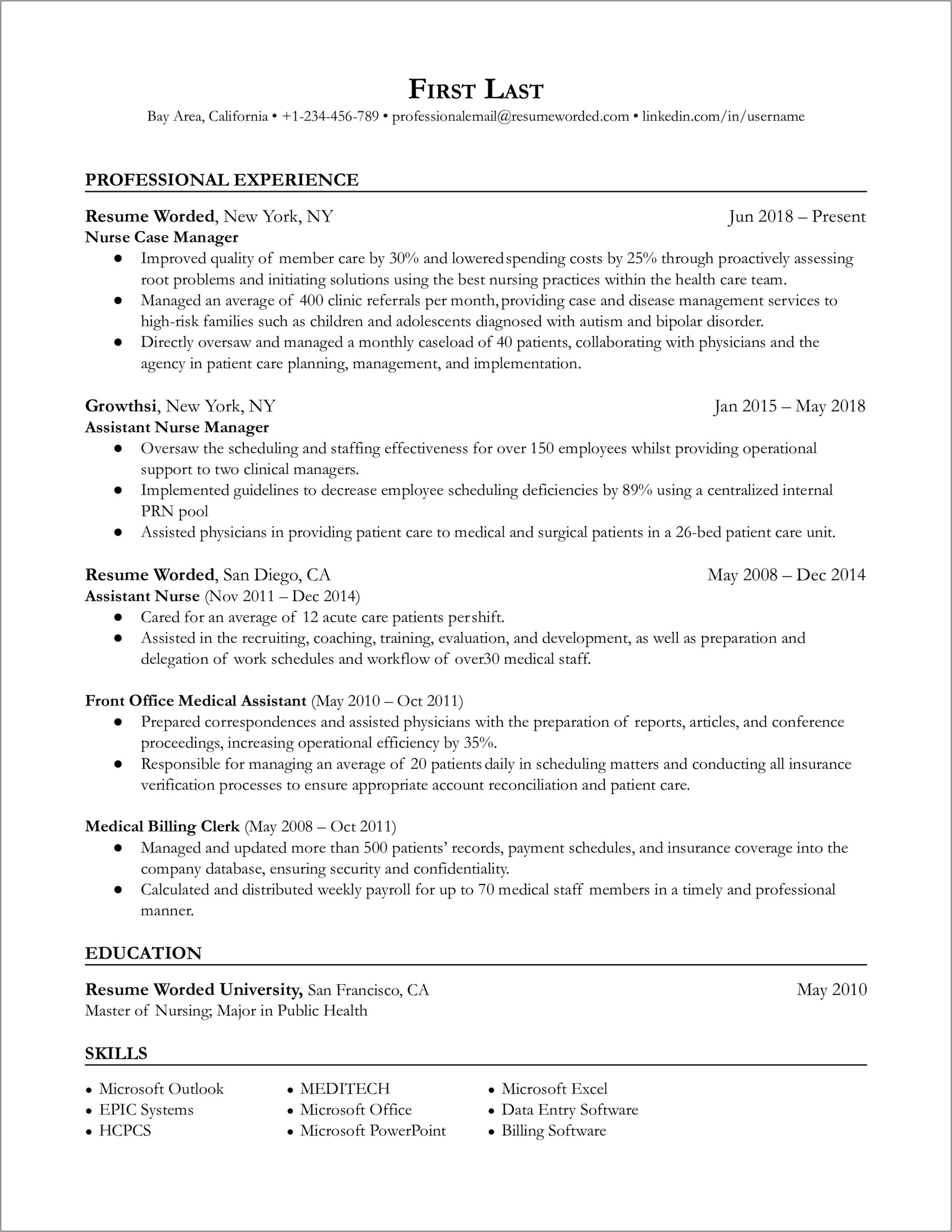 Sample Professional Resume For A Nurse Manager