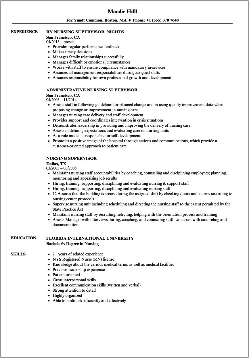 Sample Professional Resume For A Nursing House Supervisor