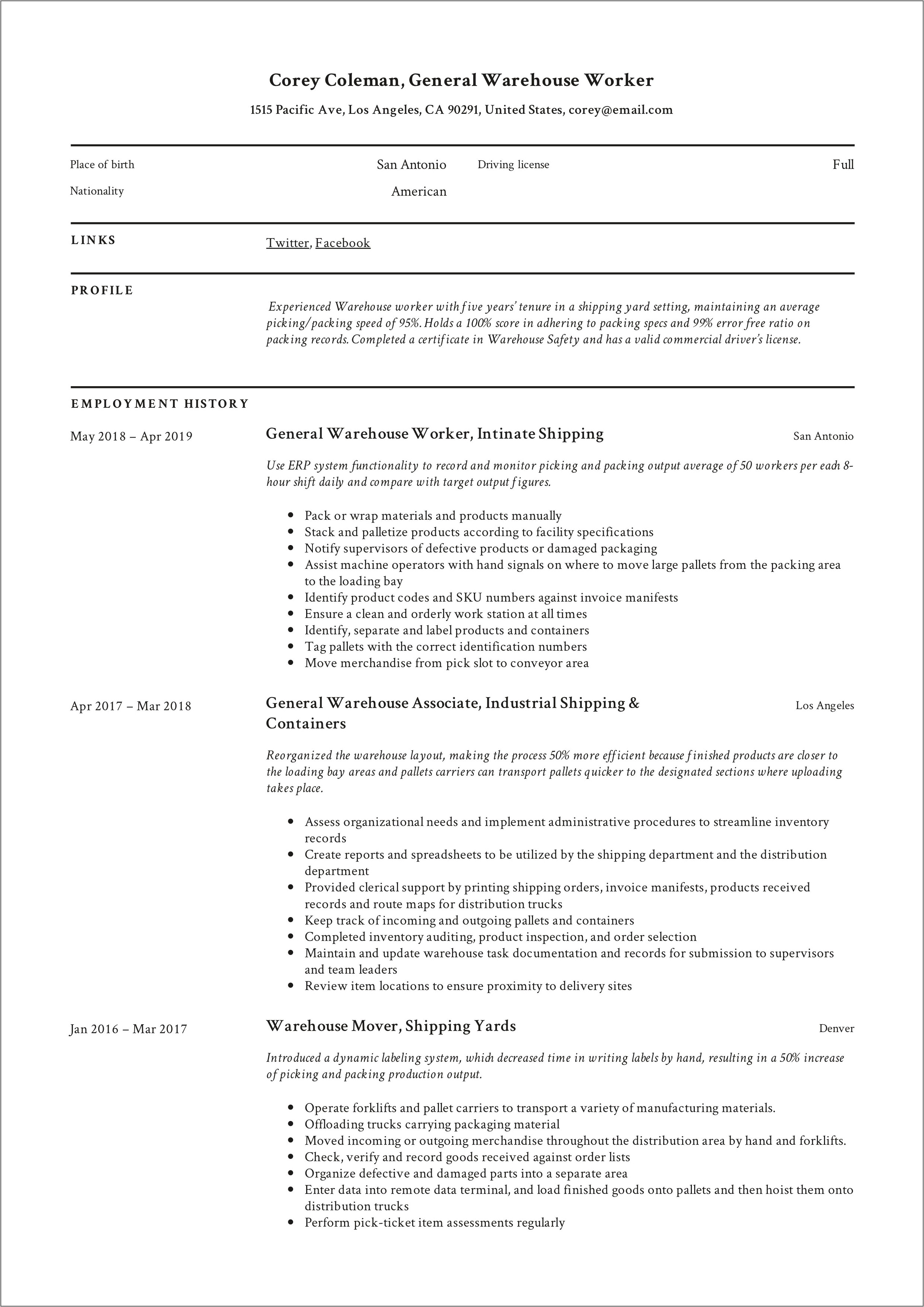 Sample Professional Summary For Resume For Warehouse Associate
