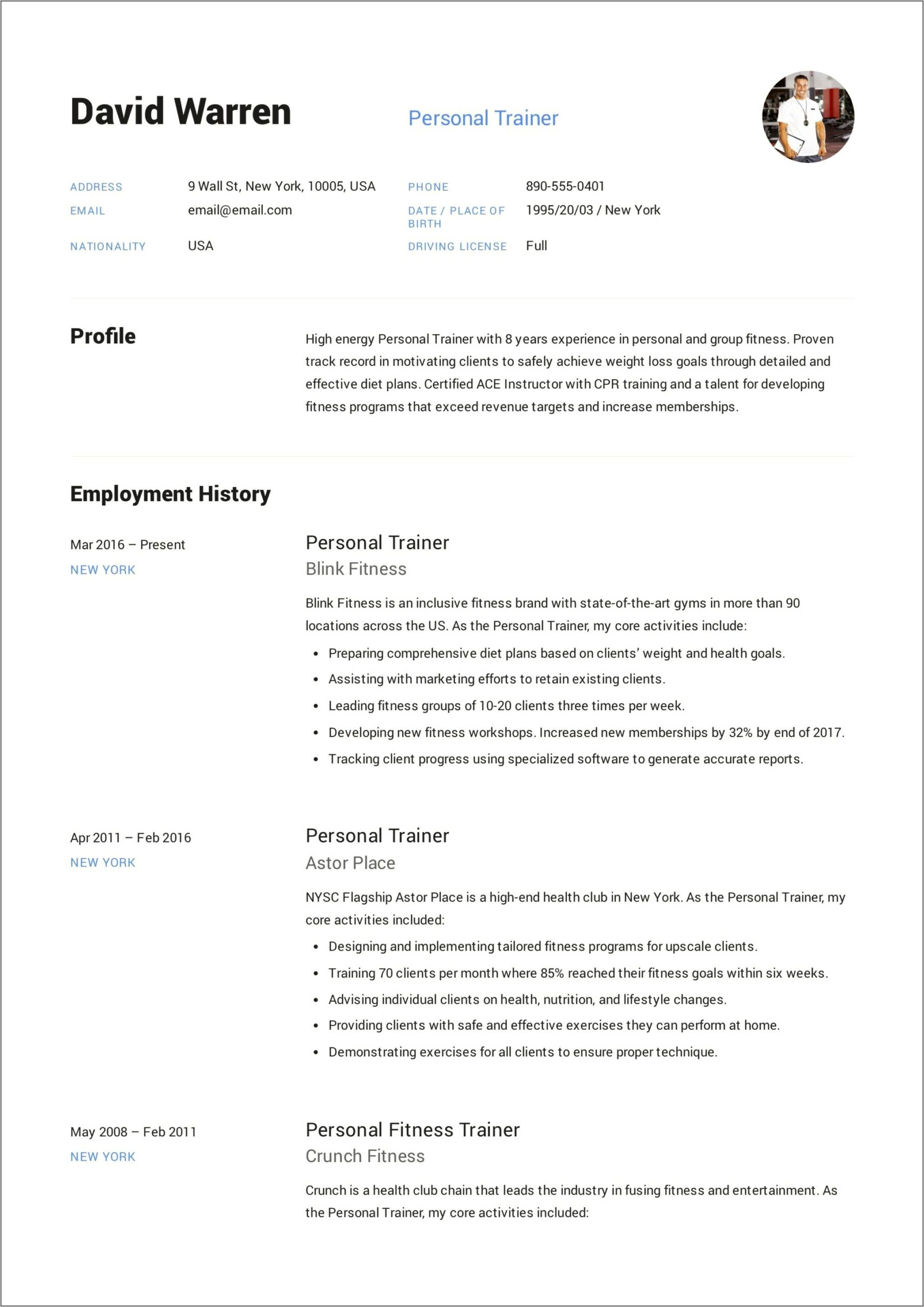 Sample Professional Summary For Resume Personal Trainer
