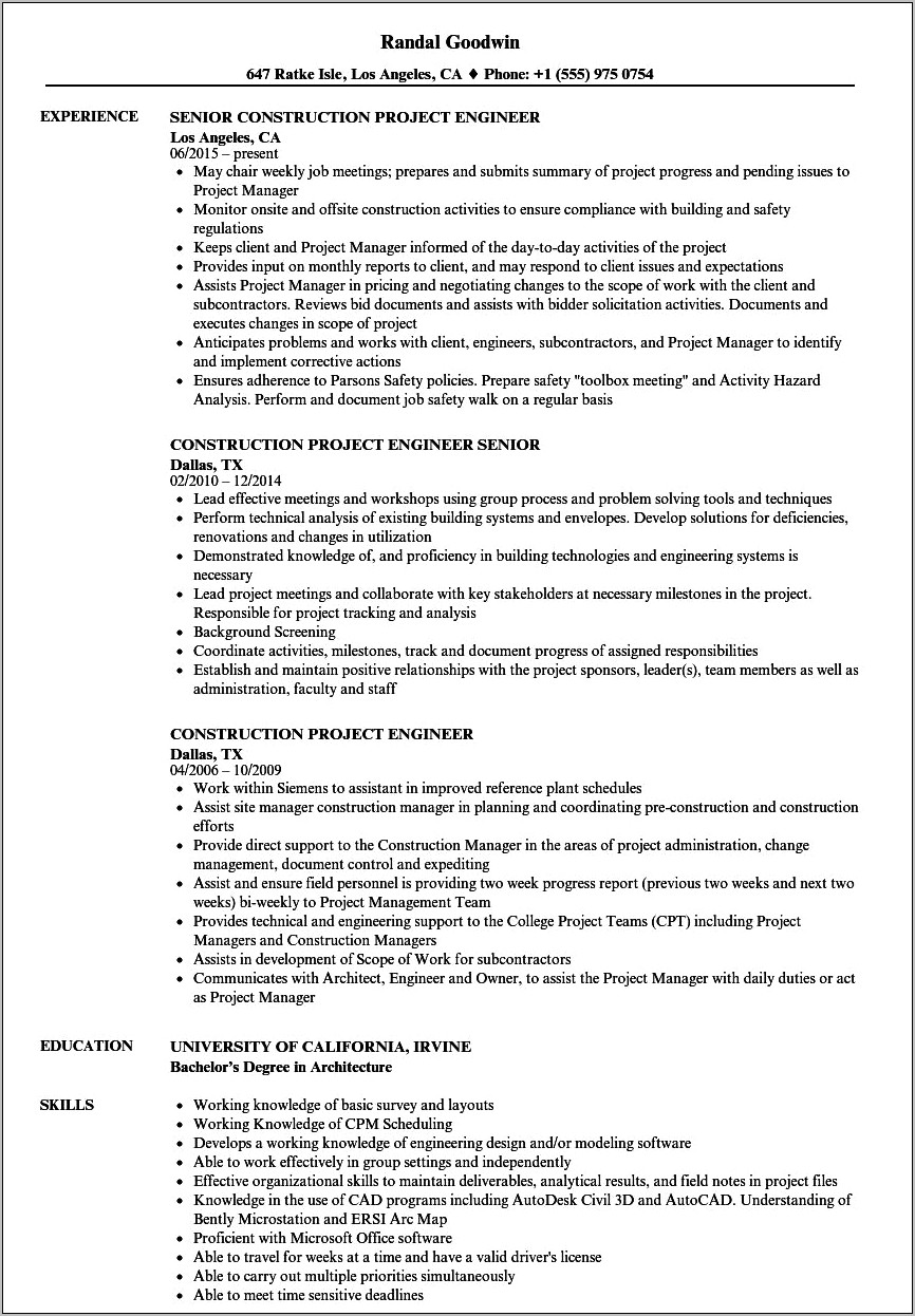 Sample Project Manager Civil Engineering Resumes
