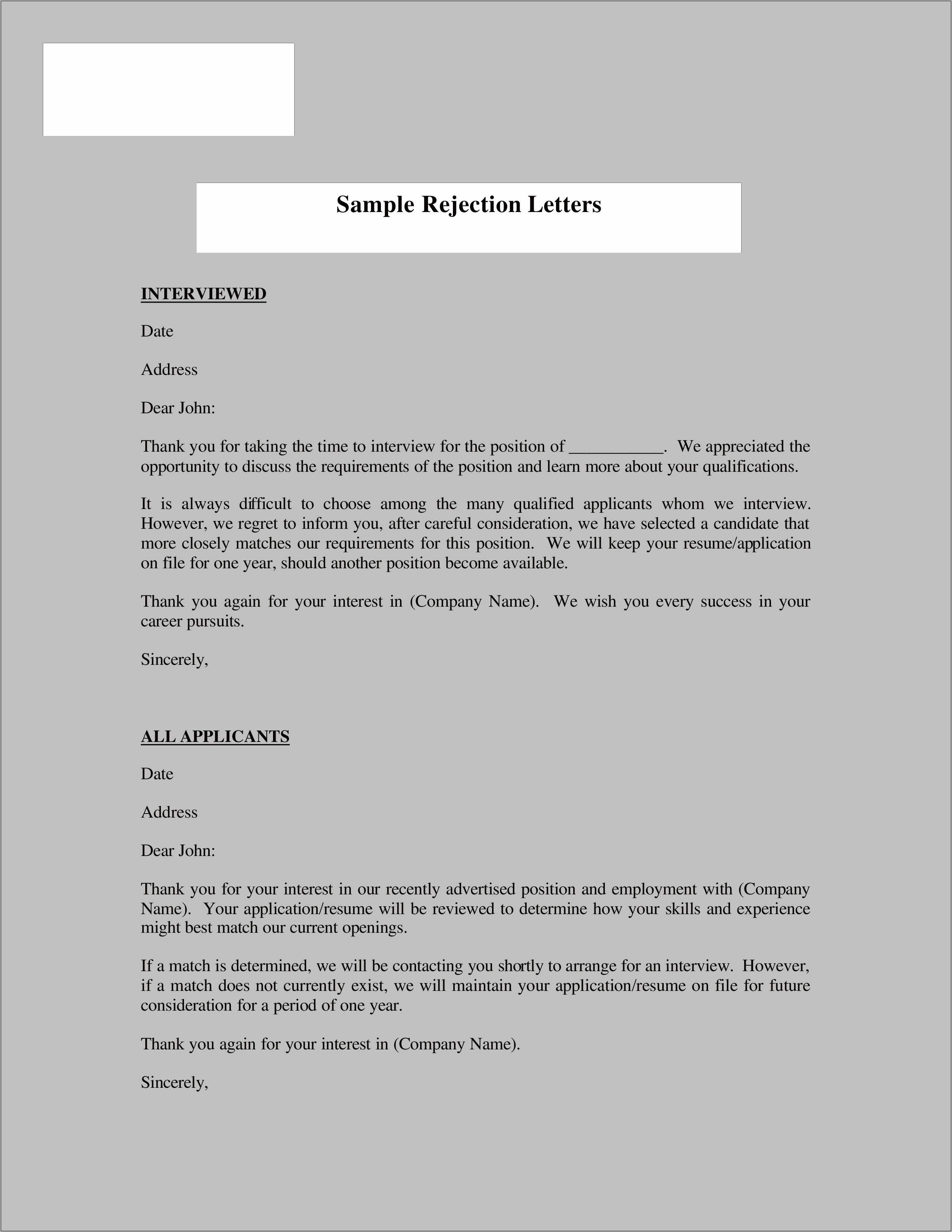 Sample Rejection Letter For Unsolicited Resume