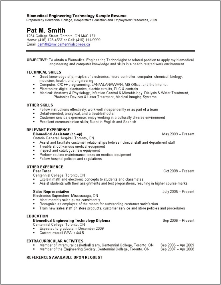 Sample Resume And Place For References Available
