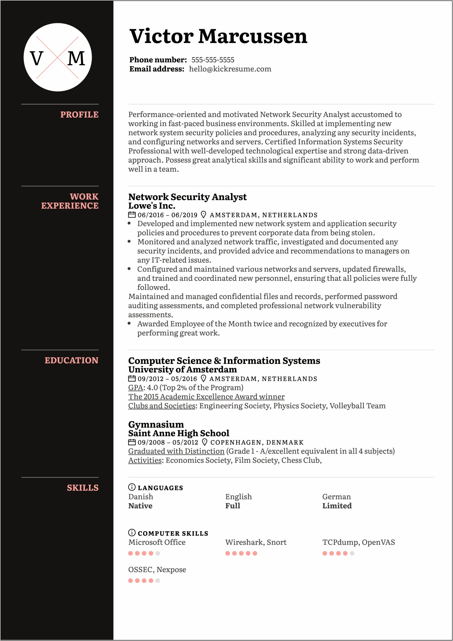Sample Resume Bachelor Degree Cyber Security
