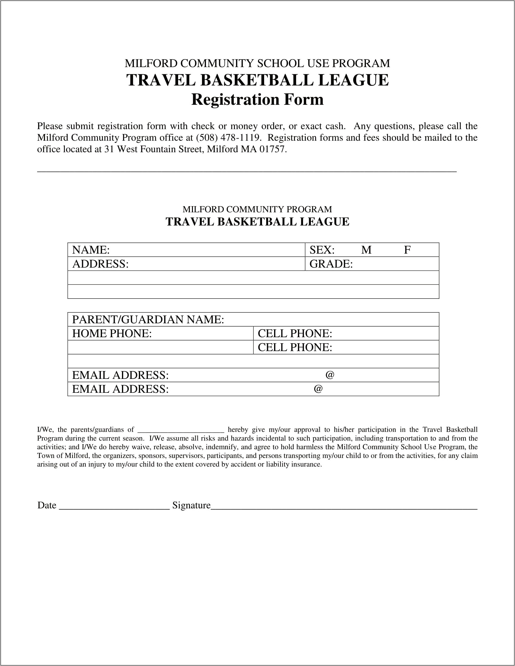 Sample Resume Basketball Registration Form Template