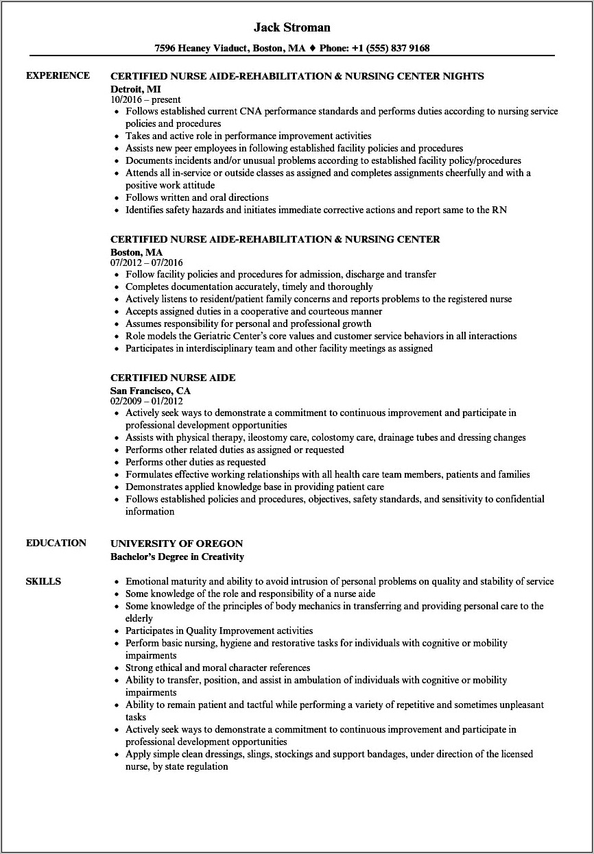 Sample Resume Certified Nursing Assistant Position
