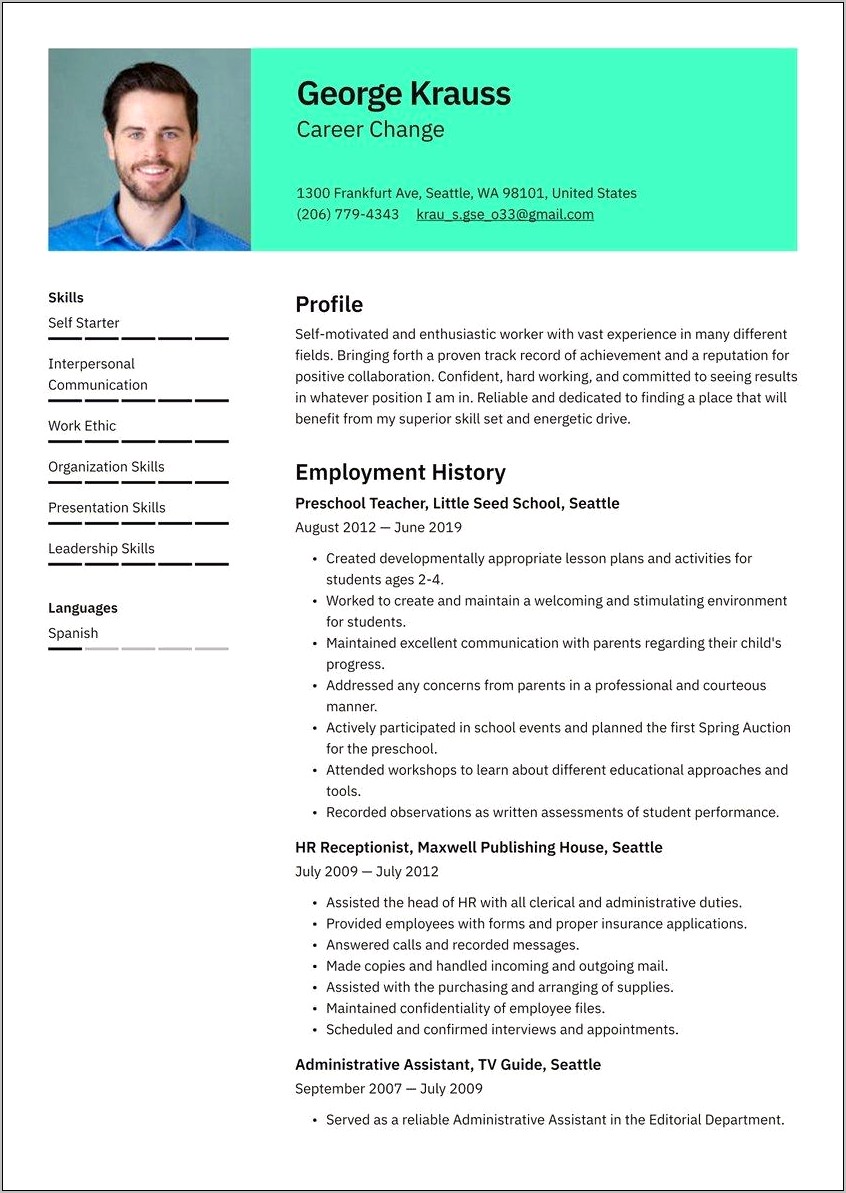 Sample Resume Change Of Career Teacher