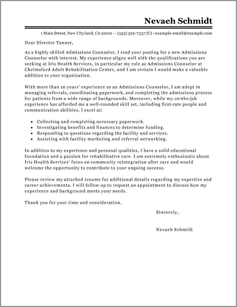 Sample Resume Cover Letter For A Counselor