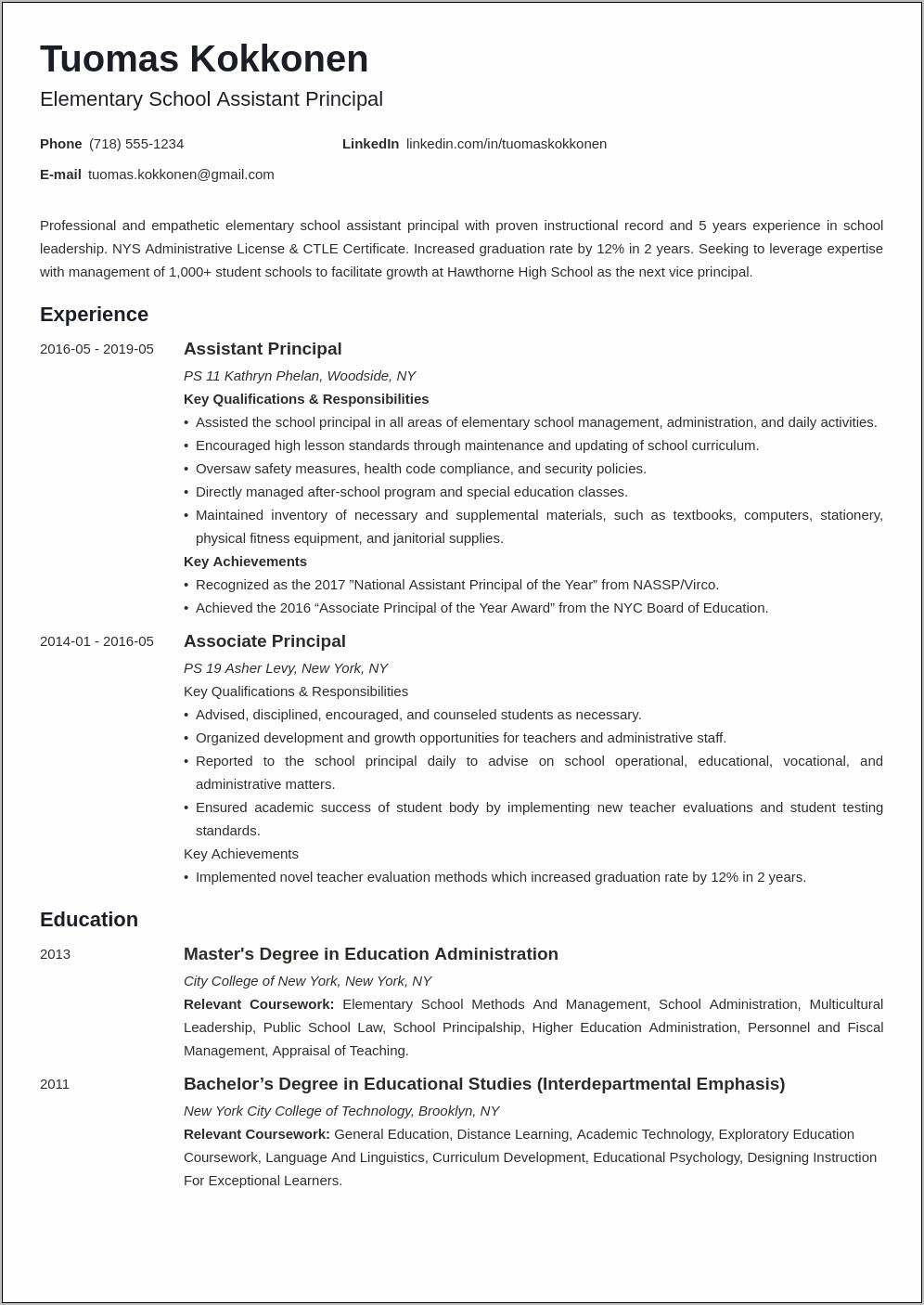 Sample Resume Cover Letter For Assistant Principal