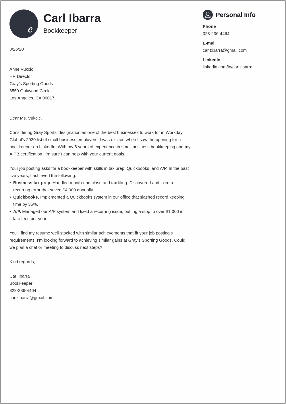 Sample Resume Cover Letter For Bookkeeper