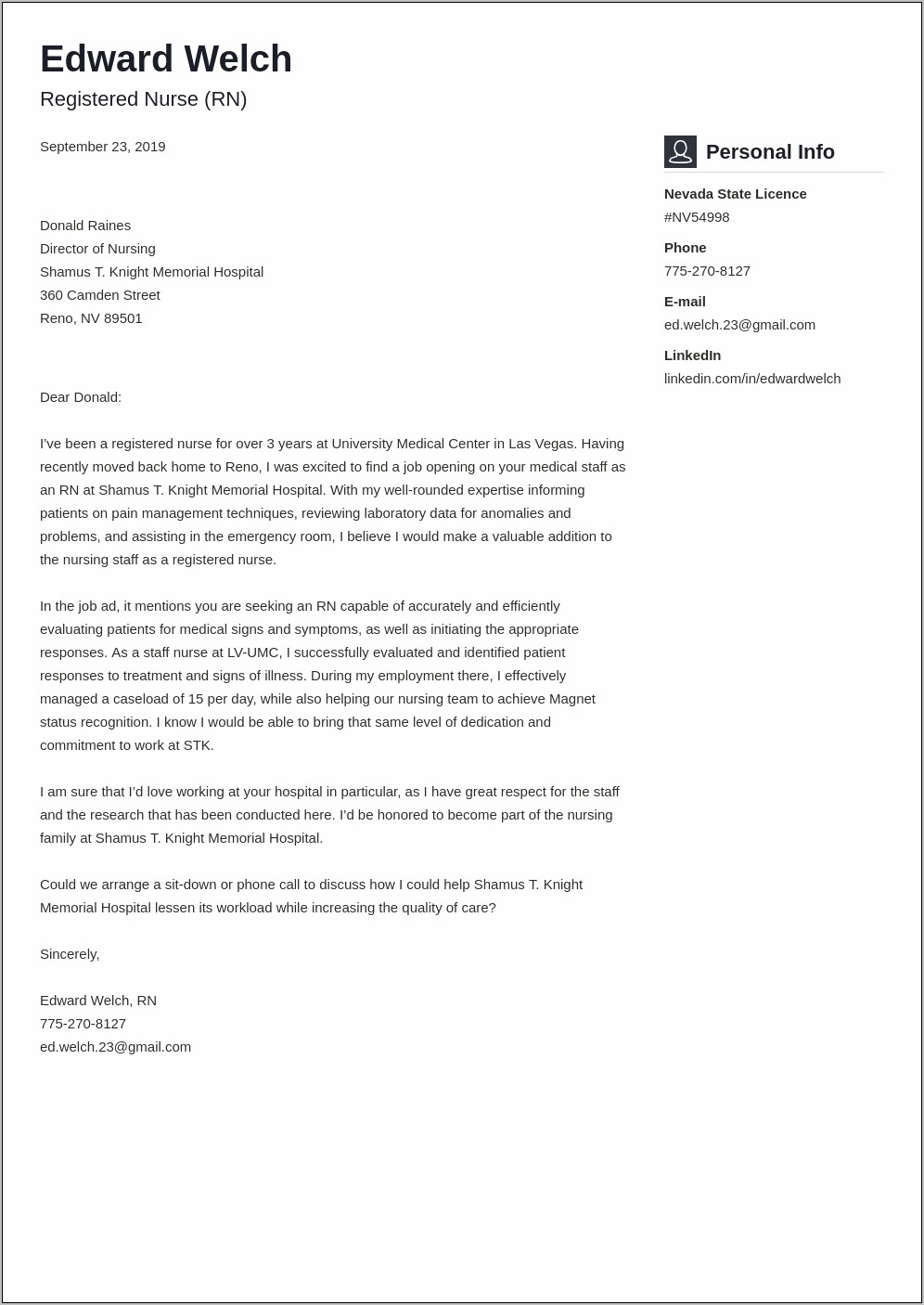 Sample Resume Cover Letter For Nursing Student