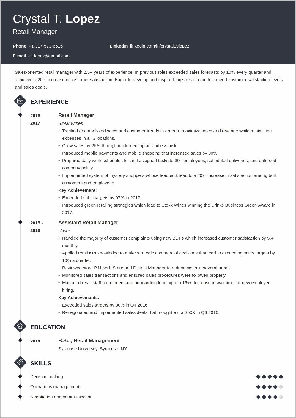 Sample Resume Department Retail Management With Customer Engagement