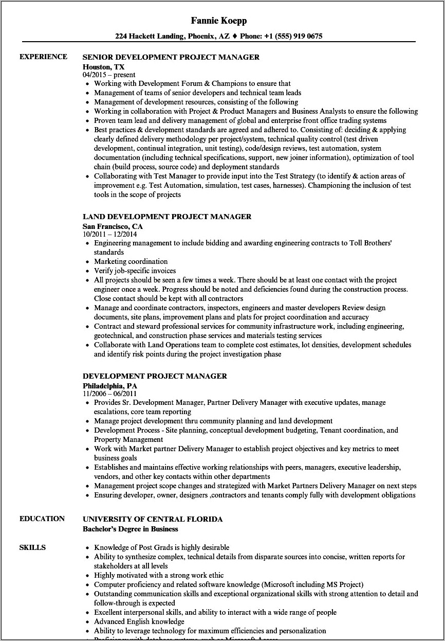 Sample Resume Development Project Manager