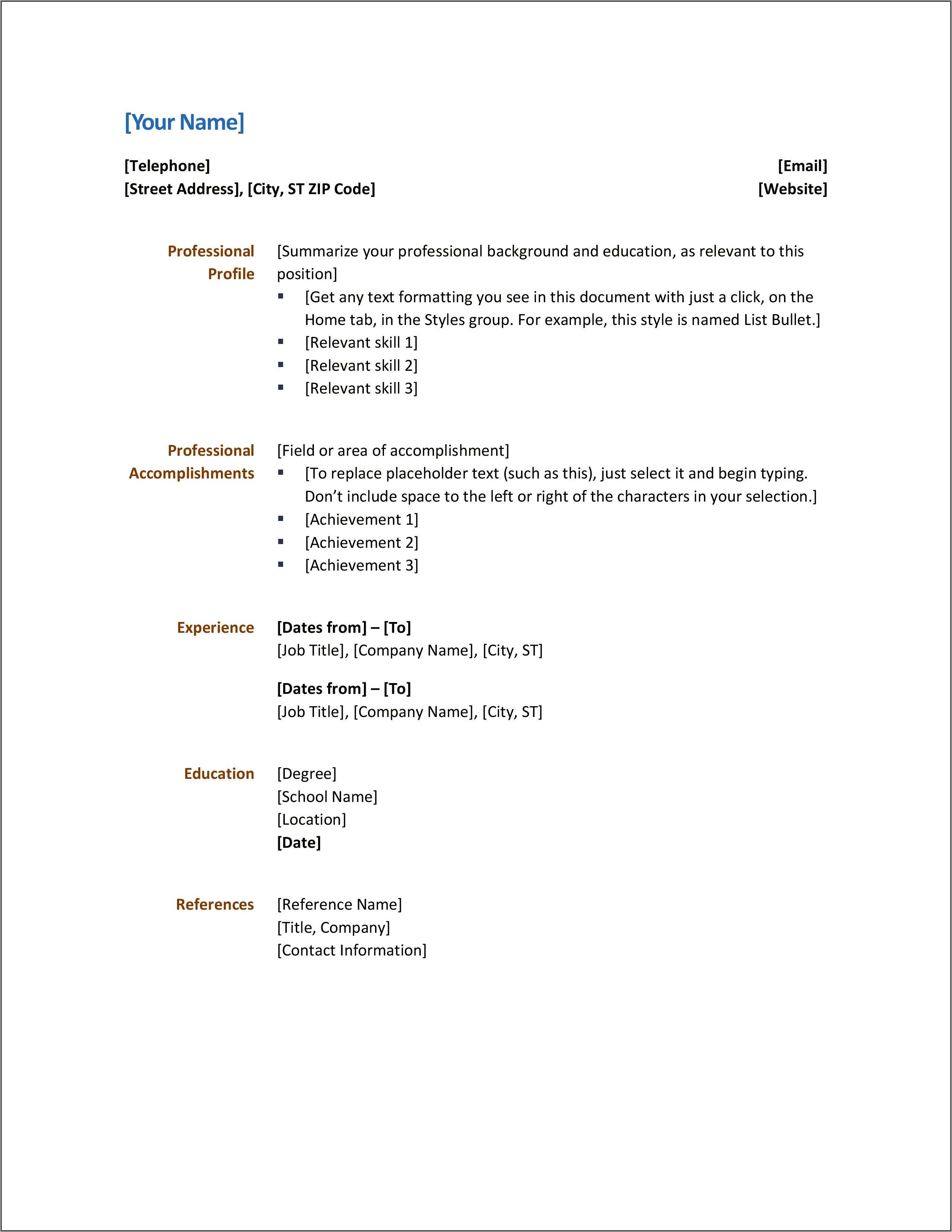 Sample Resume Download In Ms Word