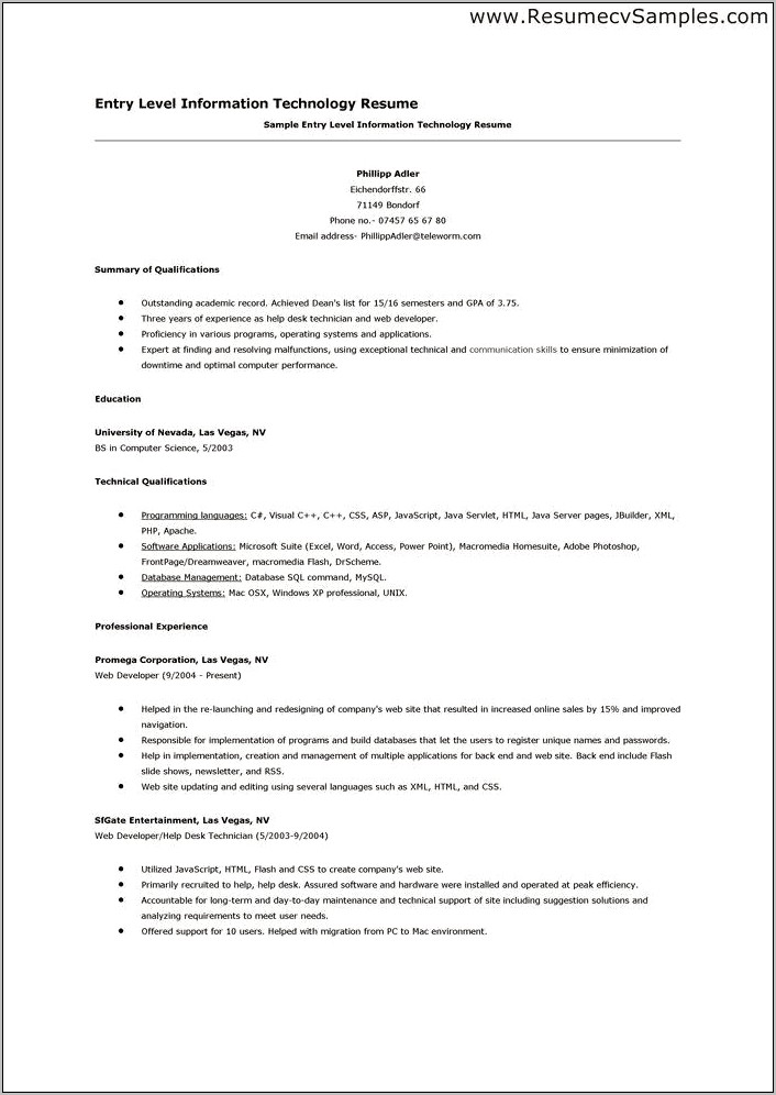 Sample Resume Entret Level Help Desk Technician