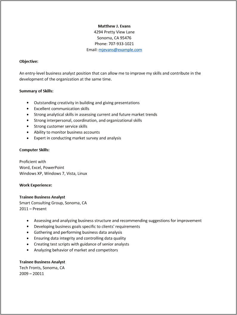 Sample Resume Entry Level Business Analyst