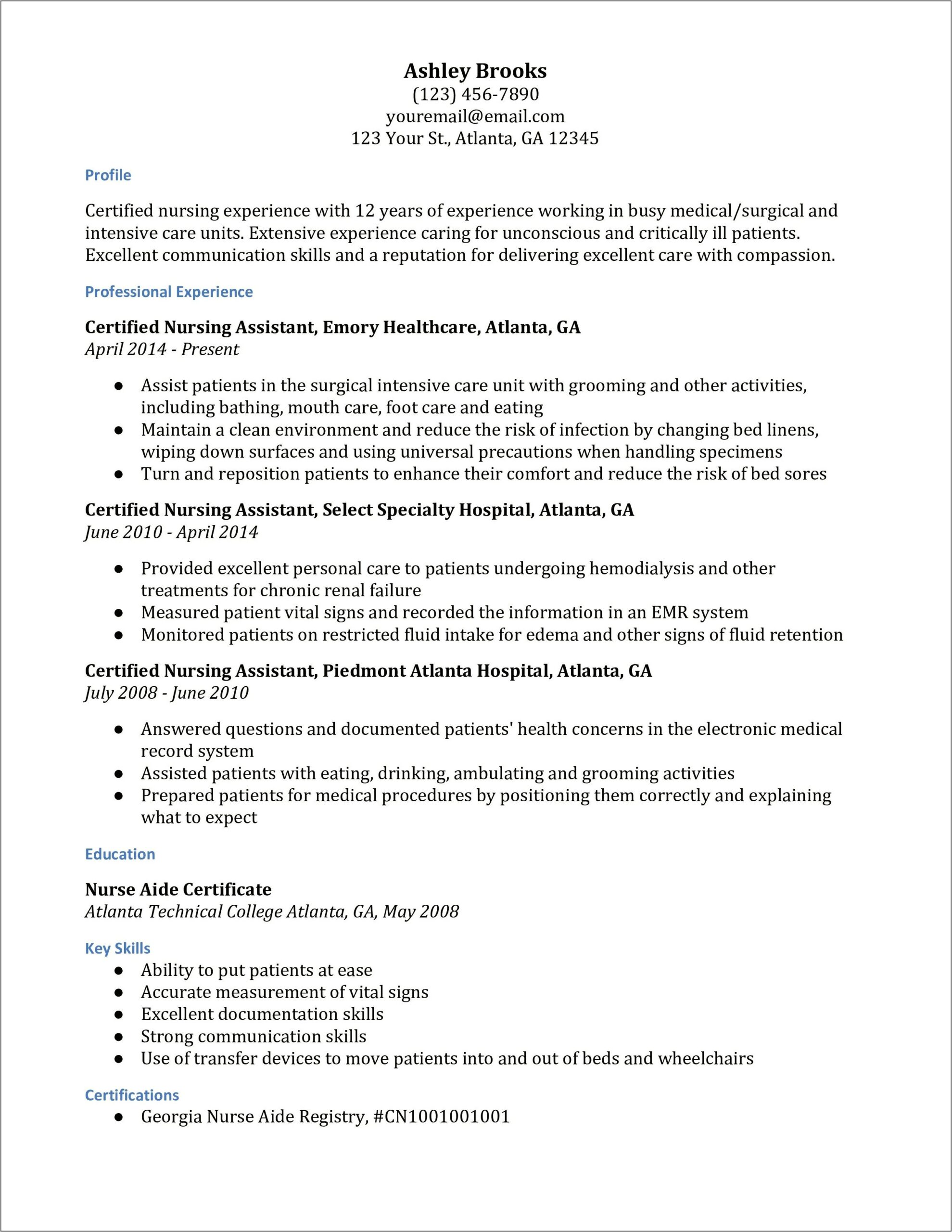Sample Resume Entry Level Certified Nursing Assistant