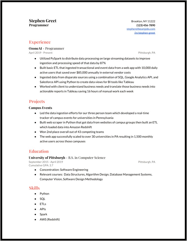 Sample Resume Entry Level Computer Science
