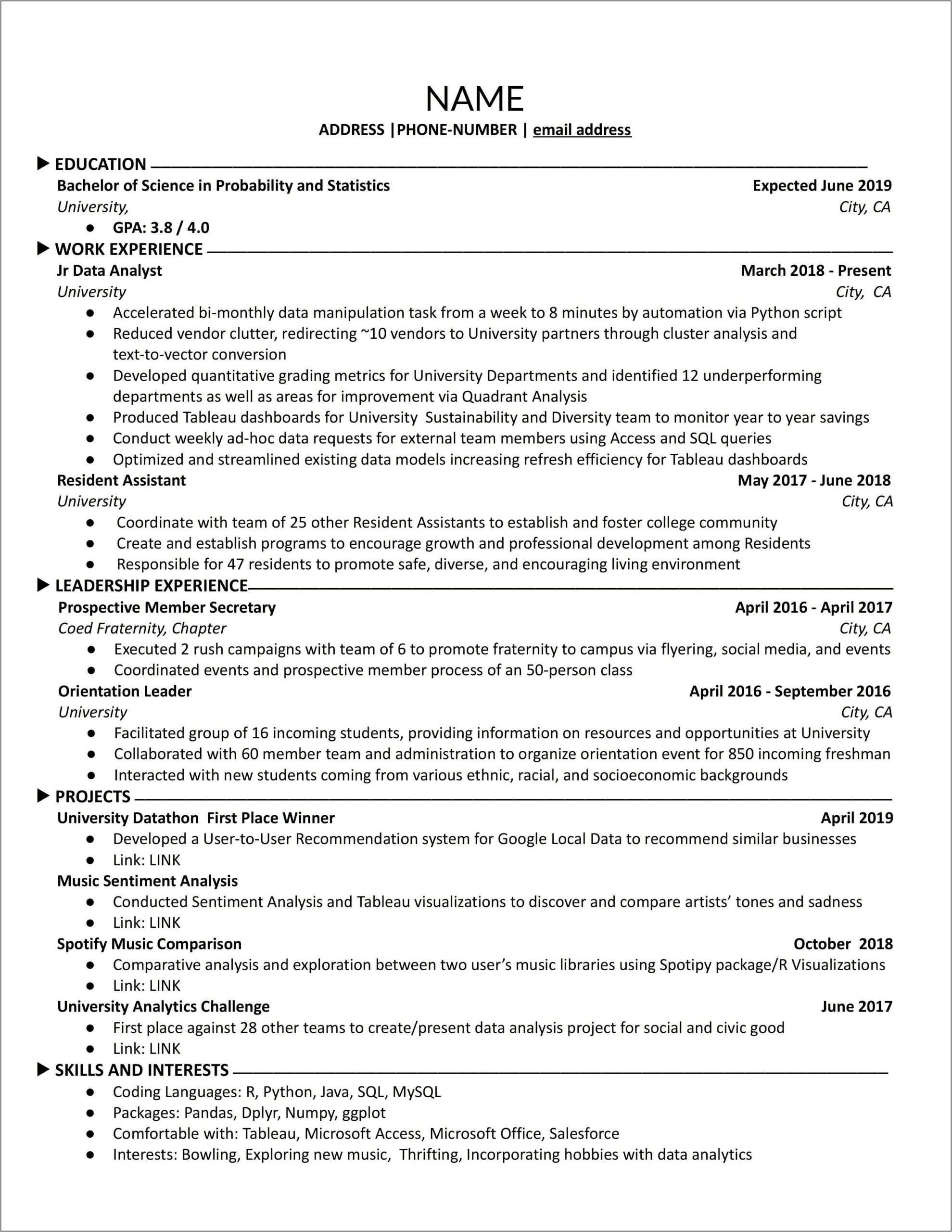 Sample Resume Entry Level Data Analyst