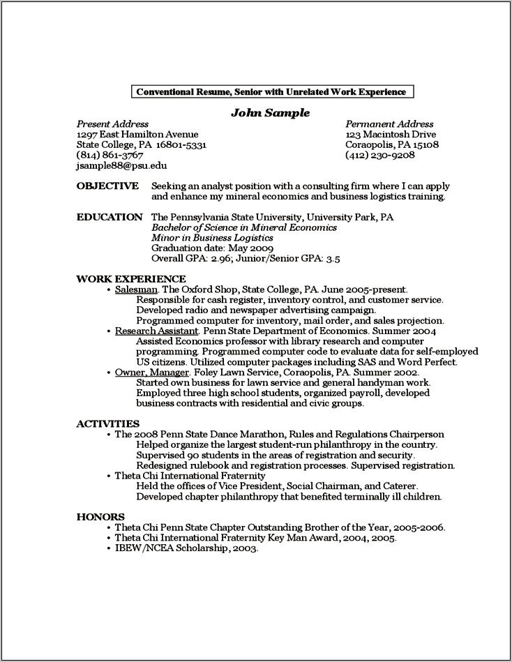 Sample Resume First Year College Student