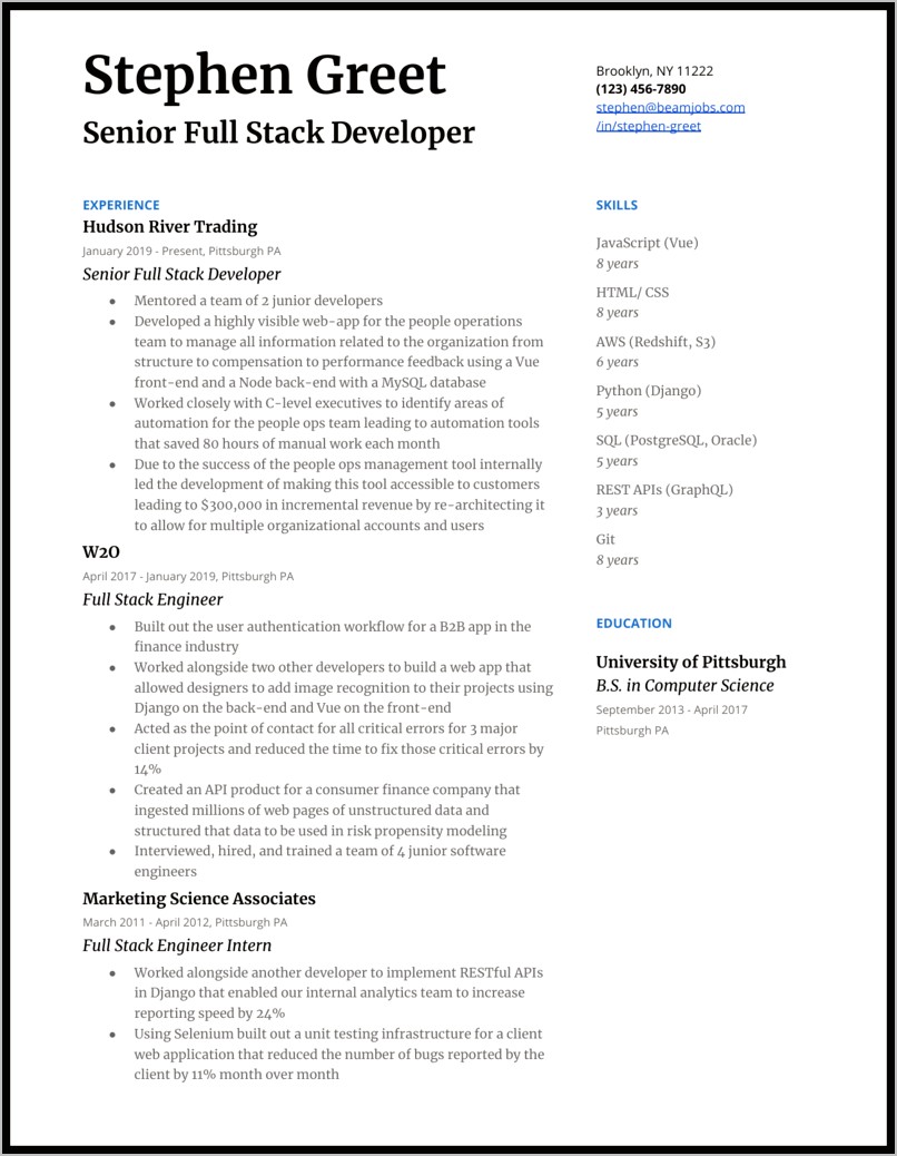 Sample Resume For 1 Year Experienced Developer