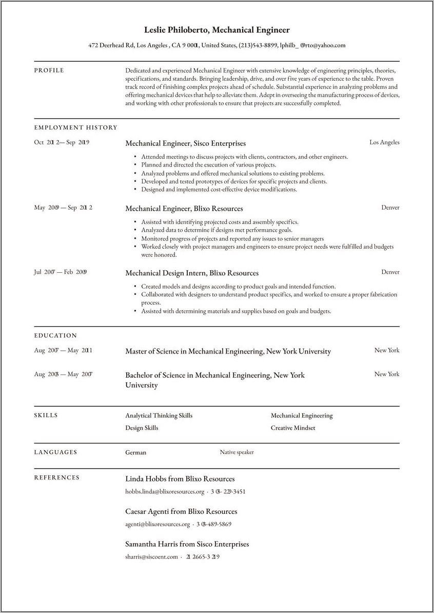 Sample Resume For 1 Year Experienced Mechanical Engineer