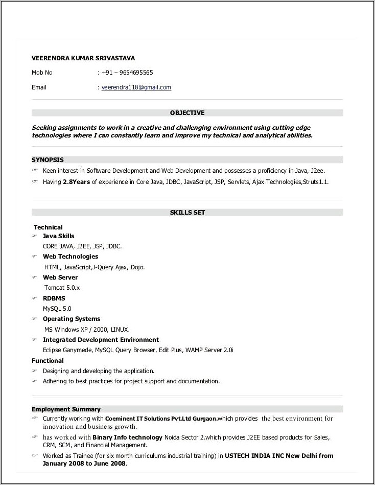 Sample Resume For 1 Year Experienced Web Developer