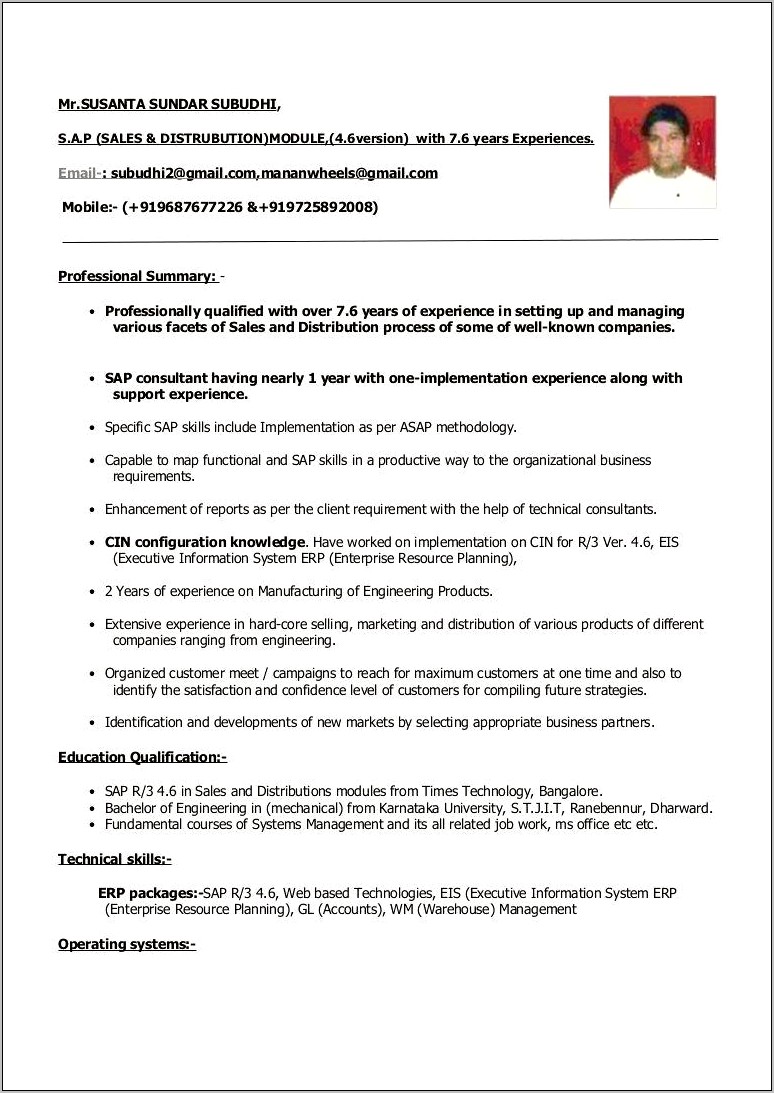 Sample Resume For 4 Years Experience