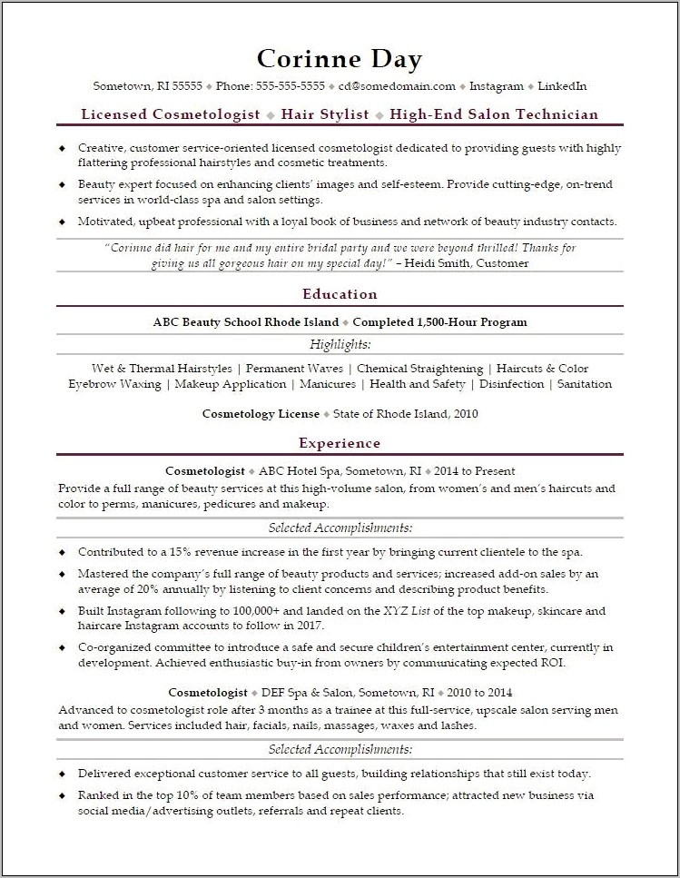 Sample Resume For A Cosmetology Student