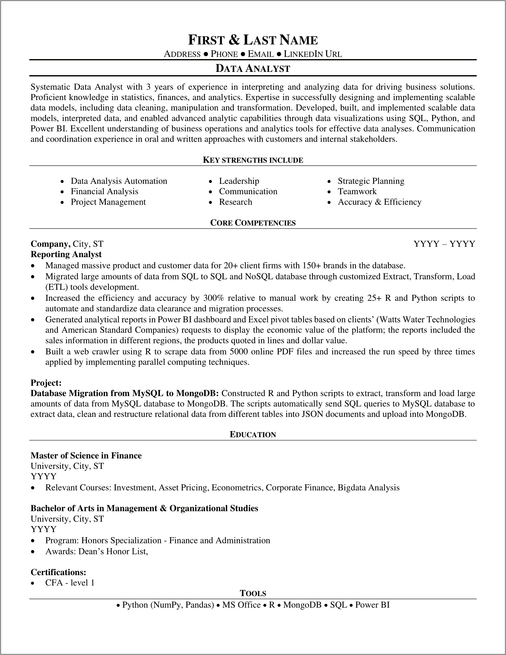Sample Resume For A Data Analyst