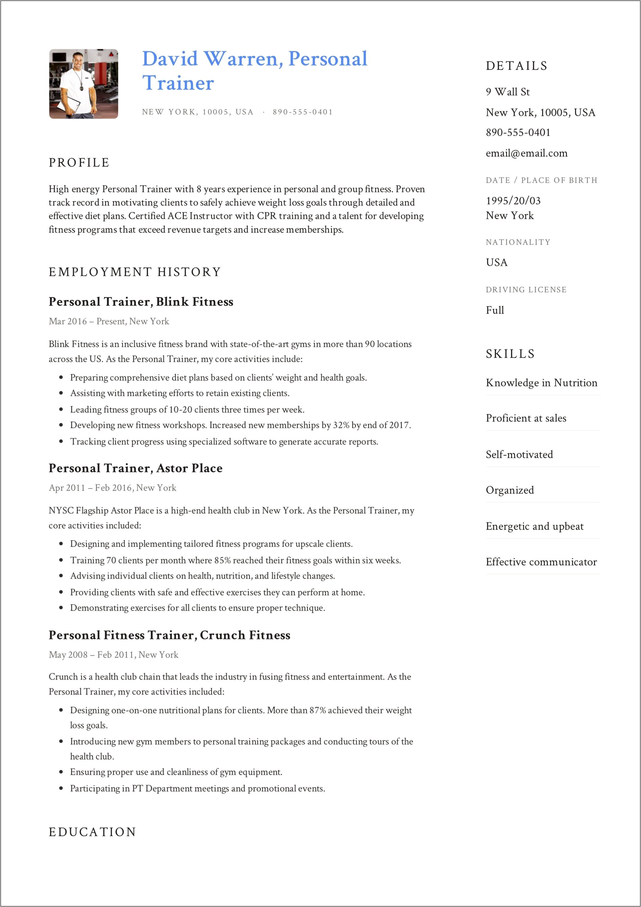 Sample Resume For A Gym Manager