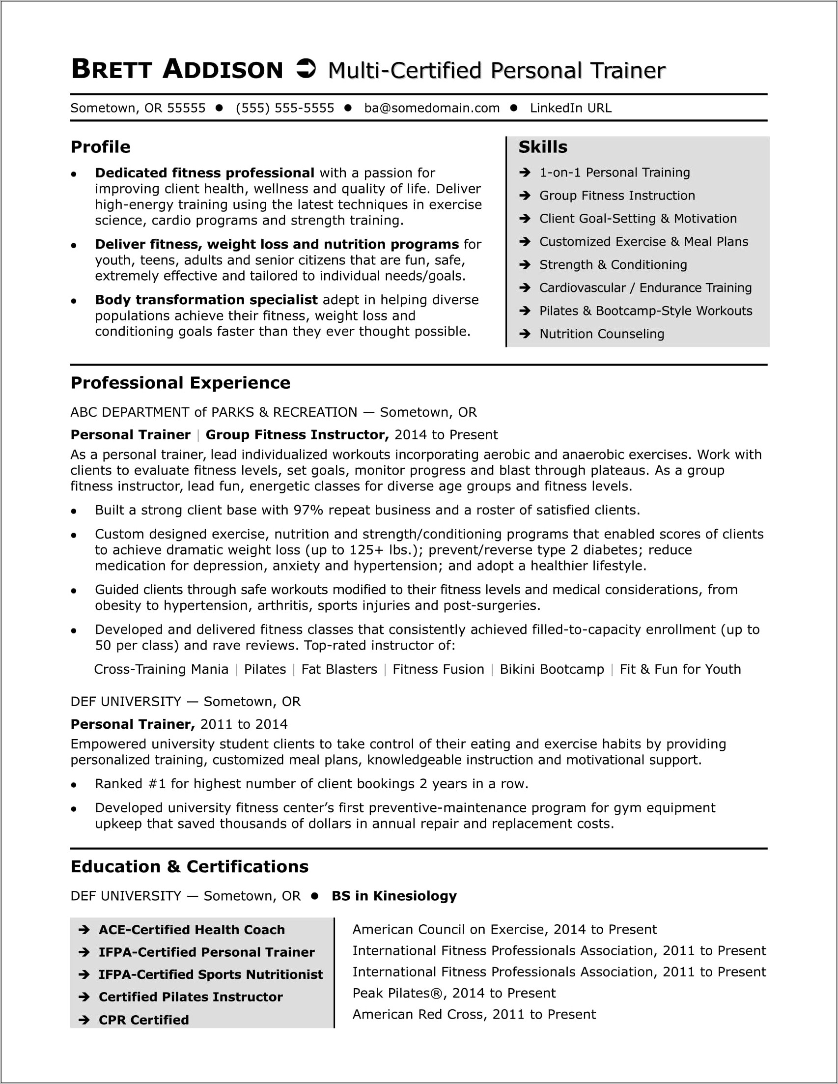 Sample Resume For A Health Coach